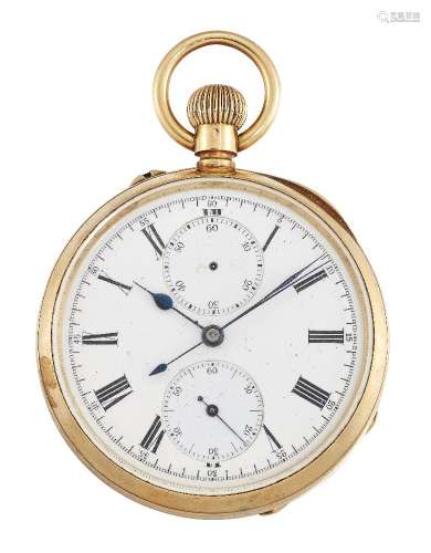 A late 19th/early 20th century gold keyless chronograph pocket watch, the white enamel dial with