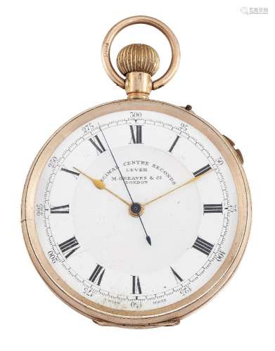 A late 19th/early 20th century 9ct gold open face keyless chronograph pocket watch by M. Greaves &