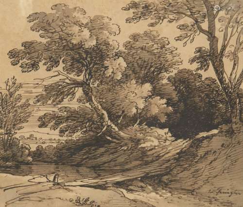 Joseph Farington RA, British 1747-1821- Landscape with trees and buildings in the distance; pen