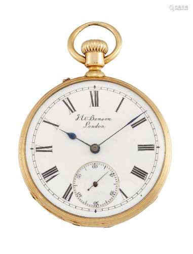 An early 20th century gold open-face keyless lever pocket watch by Benson, the white enamel dial