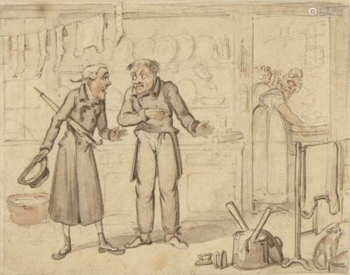 Isaac Cruickshank, British 1756-c.1810- Scene in a kitchen; pen and brown ink and watercolour over