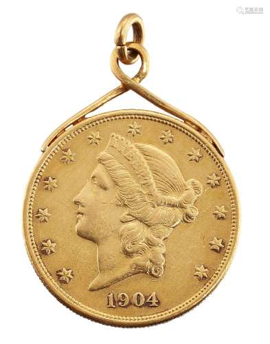 A pendant mounted gold USA 20 dollar coin, 1904, soldered mountPlease refer to department for