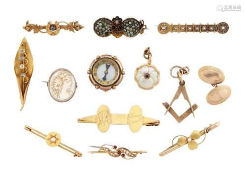 A group of jewellery and other items, including: eight late 19th or early 20th century gold