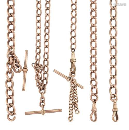 Four late 19th/early 20th century 9ct gold watch chains, of curb-link design, clip and bar