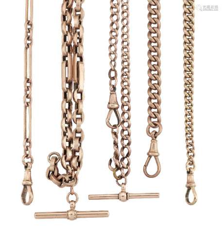Four late 19th/early 20th century 9ct gold watch chains and a 9ct gold bracelet, the chains of