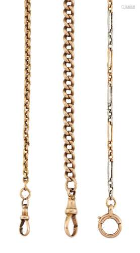 Three late 19th/early 20th century gold watch chains, comprising: a platinum and gold fetter and