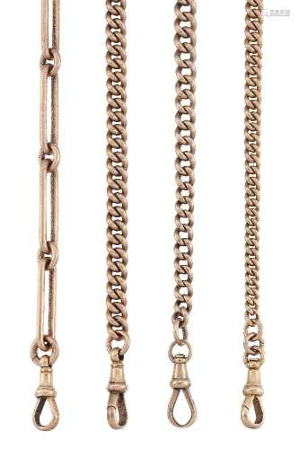 Four late 19th/early 20th century 9ct gold watch chains, three of cable link and one of fetter