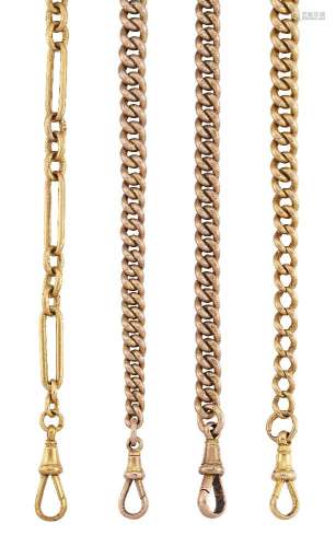 Four late 19th/early 20th century 9ct gold watch chains, three of curb link design and one of fetter