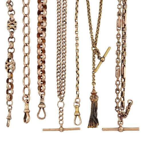 A group of late 19th/early 20th century gold watch chains, including a fancy link 9ct chain with two