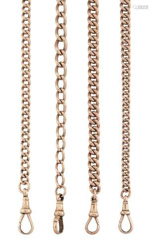 Four late 19th/early 20th century 9ct gold watch chains, of curb link design with bar and clip