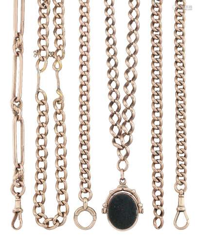 Four late 19th/early 20th century 9ct gold watch chains and a 9ct gold bracelet, including a watch
