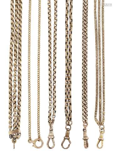 Four Victorian gold guard chains, one 15ct, one 9ct, of belcher and curb link design, the longest