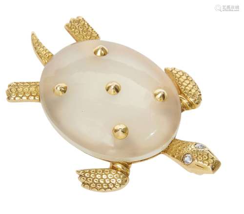 A diamond and white chalcedony turtle brooch, by Cartier, the chalcedony shell decorated with five