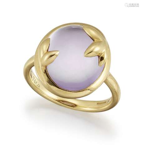A Paloma Picasso amethyst 'Olive Leaf' ring, by Tiffany and Co., the oval amethyst cabochon within