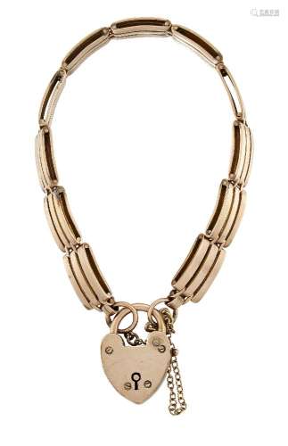 A late nineteenth century rose gold gate link bracelet, with heart shaped padlock clasp, approx.