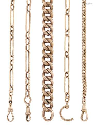 Two early 20th century 15ct gold fetter and three link watch chains, together with a 9ct gold curb