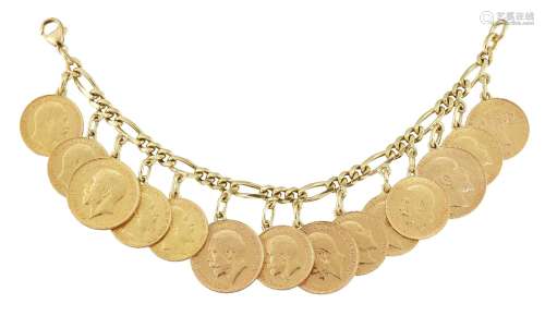 A figaro link coin bracelet, stamped 750, suspending four pendant mounted sovereigns and ten half