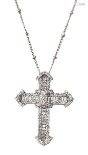 A diamond cross pendant necklace, the cross with baguette-cut diamond line centre to brilliant-cut