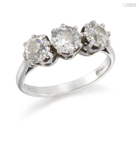 A diamond three stone ring, each old circular cut diamond measuring approximately 0.50 carats, to an
