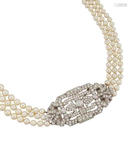 A cultured pearl and diamond necklace, the triple-row of graduated pearls to an openwork diamond