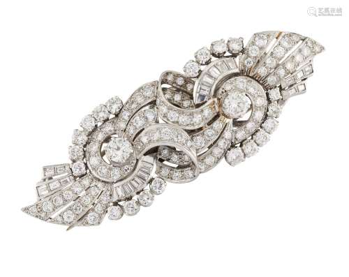 A diamond double clip brooch, each of scrolling spray design, set throughout with brilliant-cut