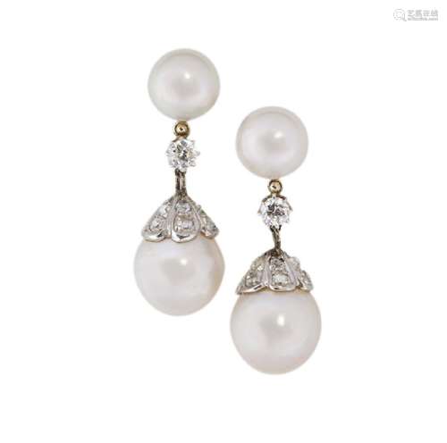 A pair of cultured pearl and diamond ear pendants, the cultured pearl drops with rose-cut diamond