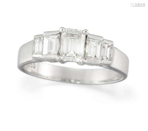 A diamond five stone ring, of half-hoop design, the central cut-cornered rectangular diamond between