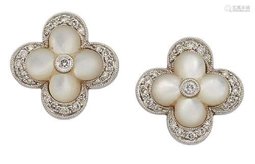 A pair of mother-of-pearl and diamond cluster earstuds, each carved mother-of-pearl quatrefoil