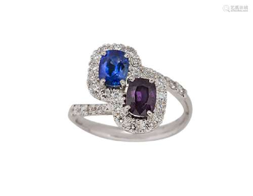 An 18ct gold, sapphire ruby and diamond ring, of crossover cluster design, one with cushion-shaped