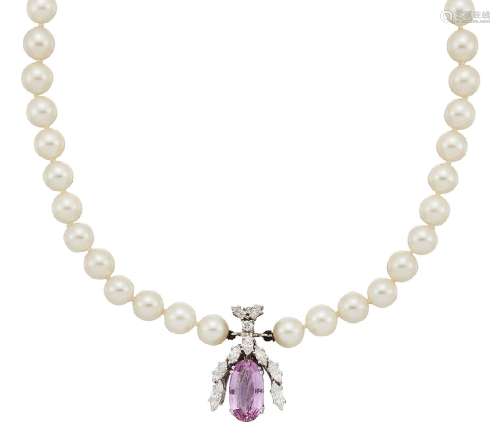A pink topaz, diamond and cultured pearl necklace by Georg Jensen & Wendel, the single row of