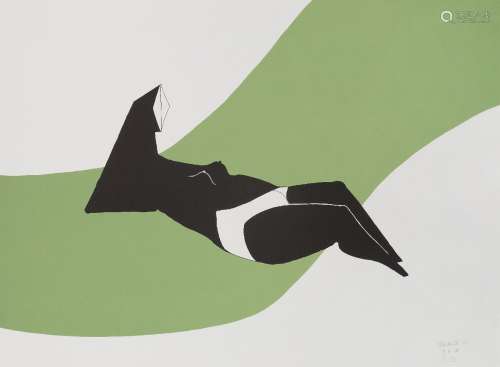 Lynn Chadwick CBE RA, British 1914-2003- Reclining Figure on Green Wave, 1971; lithograph in colours