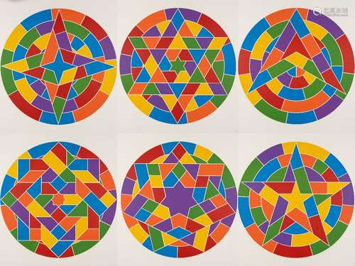 Sol LeWitt, American 1928-2007- Tondo Stars, 2002; the complete set of six linocuts in colours on