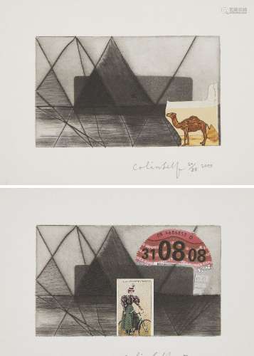 Colin Self, British b.1941- Untitled, 2009; two etchings with collage on wove, each signed and