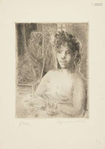 Adolphe Féder, Ukranian 1886-1943- Woman with Headscarf; etching on BFK Rives wove, signed and