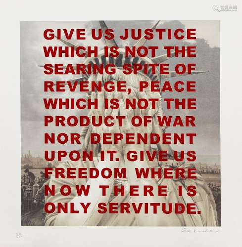 Gee Vaucher, British b.1945- Give Us Justice, 2008; screenprint with offset lithograph in colours on