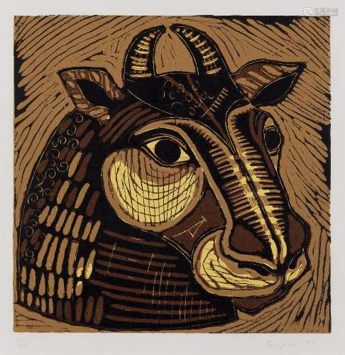Sophie Ryder, British b.1963- Minotaur Head (Large), 1995; linocut in colours on wove, signed, dated