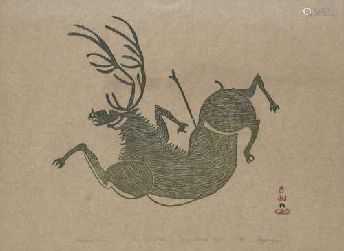 Aqjangajuk Shaa RCA, Canadian 1937-2019- Wounded Caribou, 1961; stonecut in colours on Japan