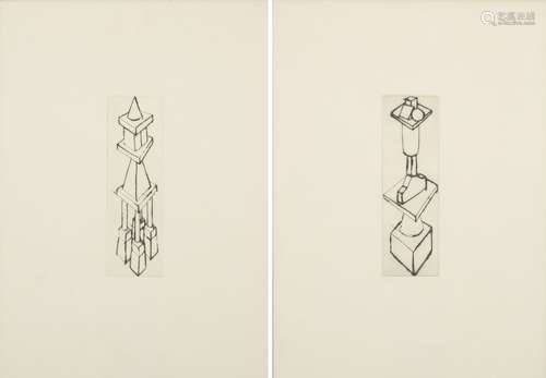 Denis Masi, British b.1942- Monuments to Collapse, 1984; two drypoint etchings on wove, each signed,