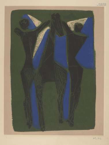 Marino Marini, Italian 1901-1980- Composition III, 1979; etching with aquatint in colours on