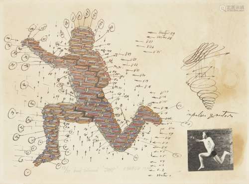 Paul Neagu, Romanian 1938-2004- Jump, 1977- lithograph with hand colouring and collage on wove,