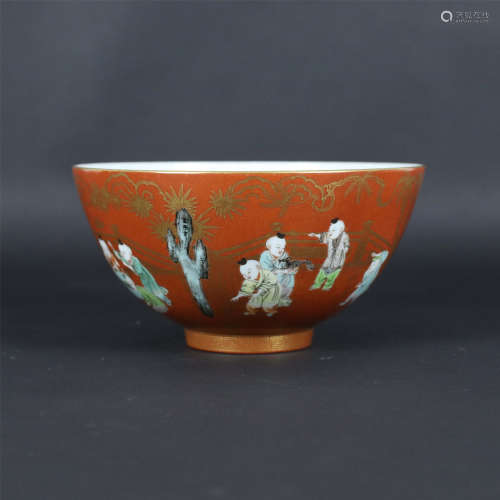 Jiaqing Alum Red Bowl with Golden Baby Playing Picture