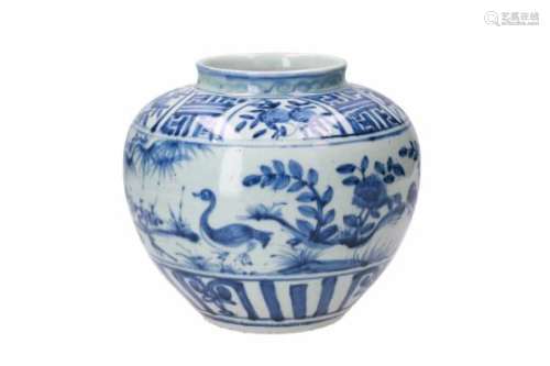 A blue and white porcelain jar, decorated with ducks, peaches and flowers. Unmarked. China, Wanli.