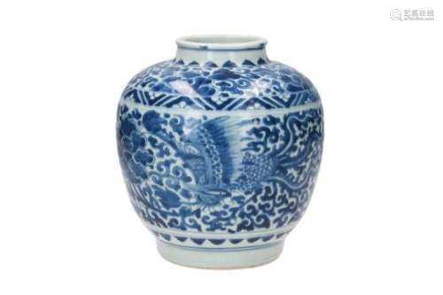 A blue and white porcelain jar, decorated with phoenixes and flowers. Marked with a hare. China,
