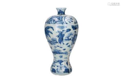 A blue and white porcelain Meiping vase, decorated with figures, horses and fruits. Unmarked. China,