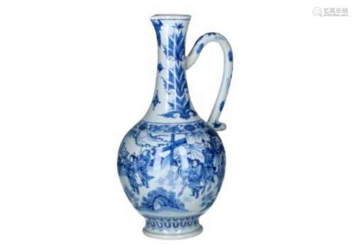A blue and white porcelain jug, decorated with figures, a river landscape and flowers. Unmarked.