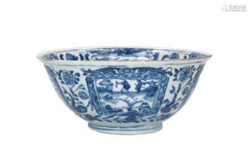 A blue and white porcelain bowl, decorated with figures, tulips and landscapes. Unmarked. China,