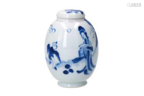 A blue and white porcelain lidded jar, decorated with a little boy and long Eliza in a landscape.