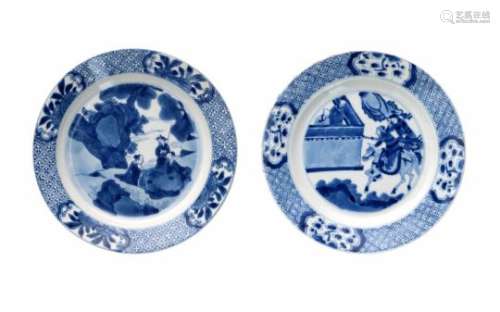 Two blue and white porcelain dishes, 1) decorated with a scene from the Romance of the Western