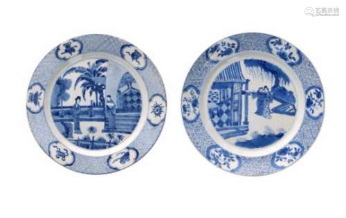 A pair of blue and white porcelain dishes, decorated with figures on a terrace and censers. Marked