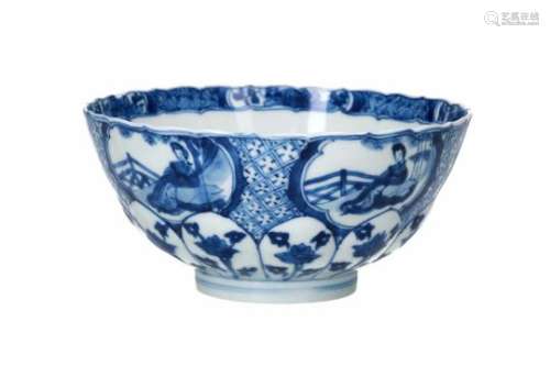 A lobed blue and white porcelain bowl, decorated with with long Elizas, flowers and little boys.